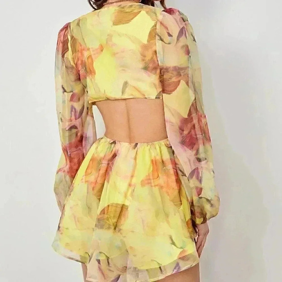 Multicolor Boho Lantern Sleeve Knot Cutout Waist Chiffon Romper - Picture 4 of 5